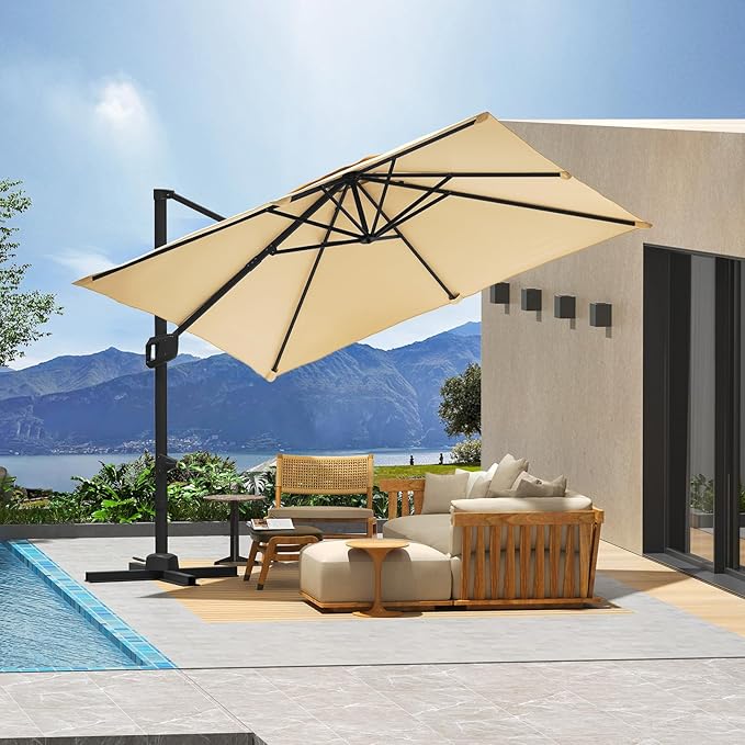 GarveeHome Cantilever Patio Umbrella 10x10ft Large Rectangle Umbrella Outdoor Market Umbrellas 360 Rotation Offset Hanging Outdoor Shade for Patio Deck Pool Backyard