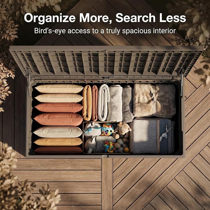260 Gallon Waterproof Outdoor Storage Box, UV-Resistant & Lockable Lid | Resin Deck Box, Heavy-Duty Large Patio Outside Cushions for Garden Tools, Pool Accessories, Delivery, Chest, Toys, Furniture
