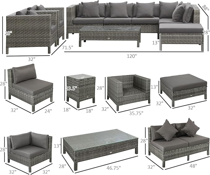 Outsunny 9-Piece PE Rattan Patio Furniture Set, Outdoor Extra Large Sectional Sofa with Loveseat, Coffee Table and Side Table, Chairs, Ottoman, Cushions, Gray