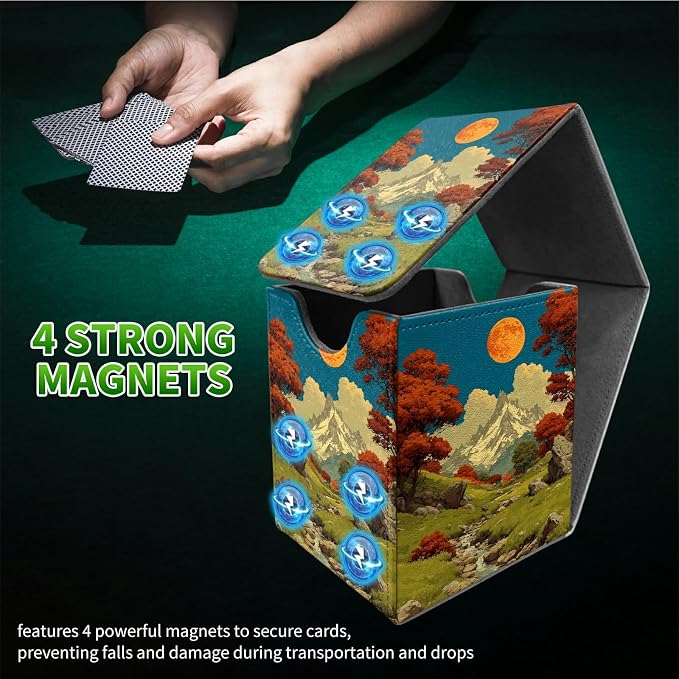 Snow Mountain Moon Brook Card Deck Box for MTG, Personalized Card Storage Case Fits 120+ Sleeved Cards, Premium Leather TCG Box with Strong Magnetic Closure for Magic, PTCG, Baseball Cards