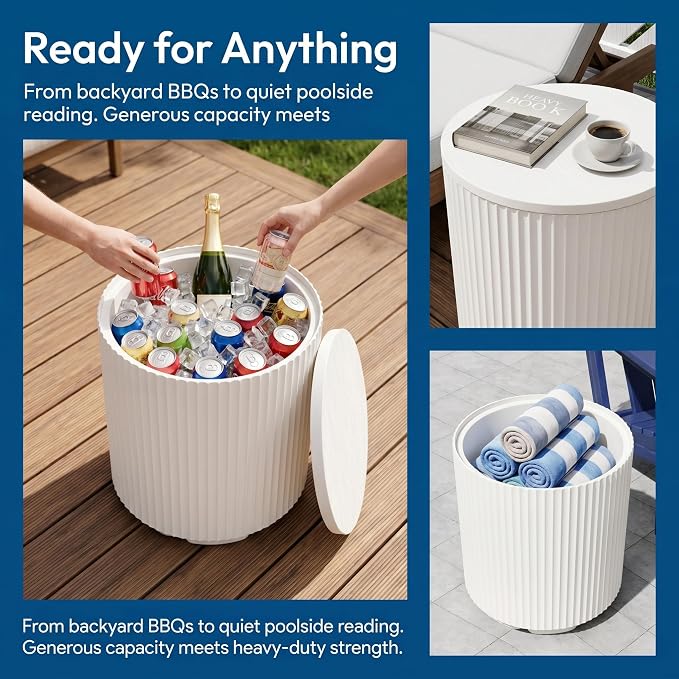 Zapdos 3-in-1 Outdoor Cooler Side Table, Dense Fluted Design, 330lbs Capacity Patio Ice Bucket