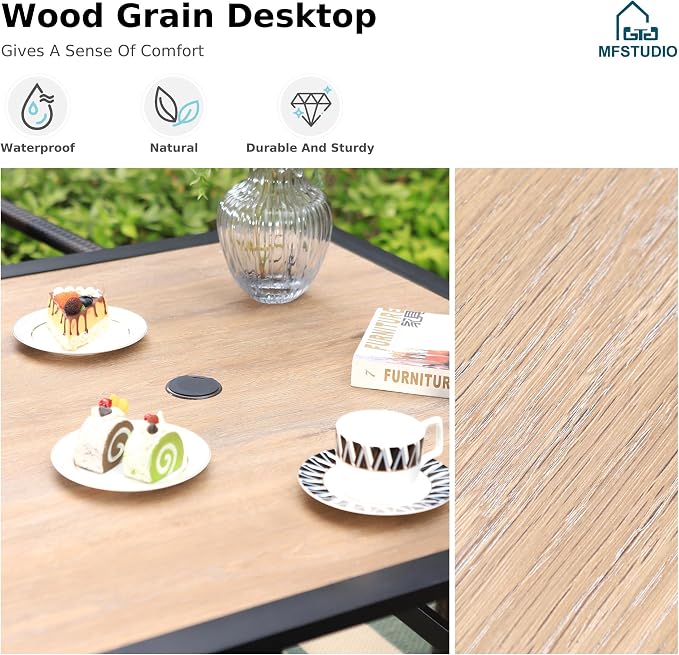 MFSTUDIO 5 Pieces Outdoor Dining Set, Patio Wood-Like Table & 4 Wicker Chairs with Cushions, Outdoor Rattan Dining Furniture, Patio Square Dining Table for 4, Deck, Backyard