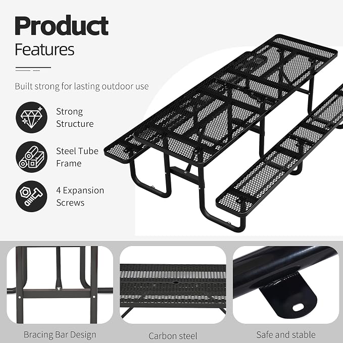 96" Rectangular Metal Picnic Table, Commercial Steel Picnic Tables with 1.96" Umbrella Hole, Heavy Duty Picnic Tables for Outdoor Garden Courtyard BBQ, Black
