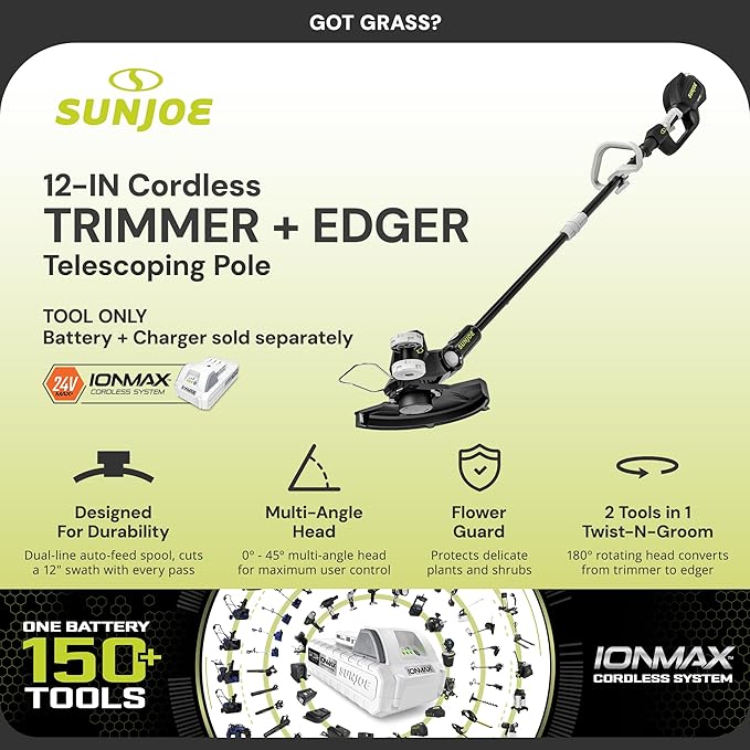 Sun Joe Cordless Multi-Angle Head Dual Line Electric String Trimmer for Lawn, Yard and Gardening Care w/Auto-Feed Spool, Battery & Charger, Heavy-Duty, 24V-ST14-CT