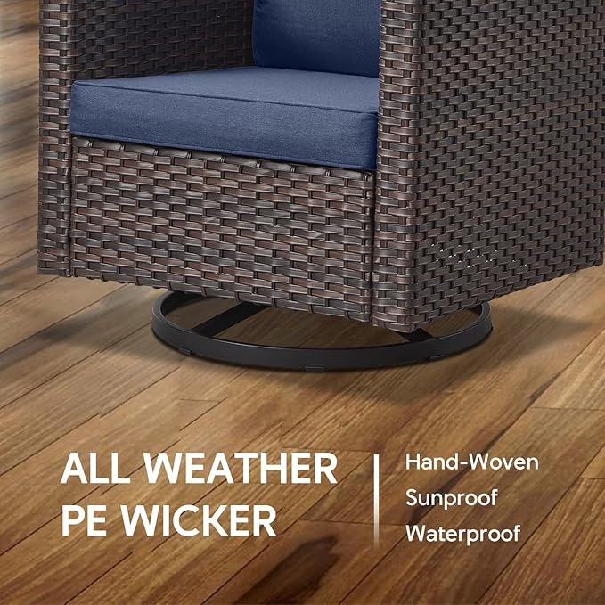 5 Piece Wicker Patio Furniture with Fire Pit Table - Outdoor Conversation Set with 50,000 BTU Fire Pit, All Weather Rattan Patio Set for Deck Backyard Garden - Brown Wicker Blue Cushion