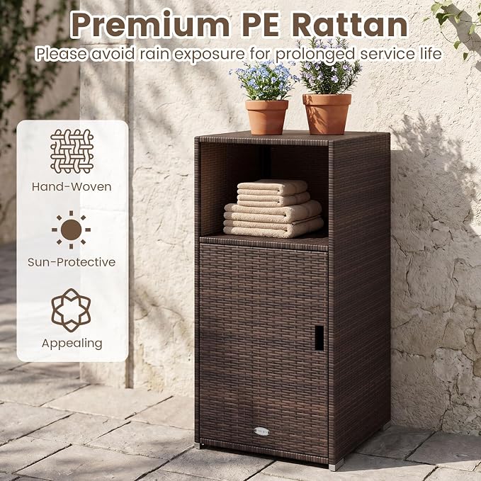 Tangkula Rattan Outdoor Storage Cabinet, Patiojoy PE Wicker Outdoor Cabinet with 3 Storage Shelves, Open Compartment and Door, Patio Storage Deck Box for Porch, Poolside, Backyard