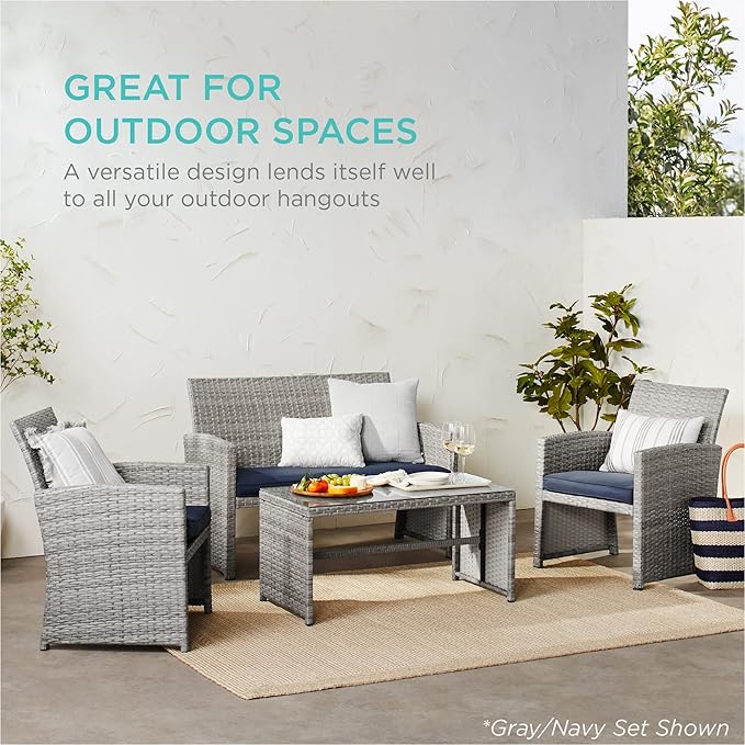 Best Choice Products 4-Piece Outdoor Wicker Patio Conversation Furniture Set for Backyard w/Coffee Table, Seat Cushions - Gray/Cream