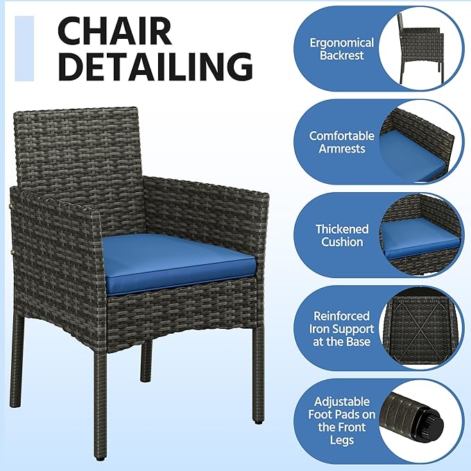 Yaheetech Patio Furniture Set 4 Pieces Conversation Sets, Rattan Chair Wicker Set Loveseat with Soft Cushion and Glass Table for Backyard Porch Garden Poolside Balcony, Gray and Dark Blue