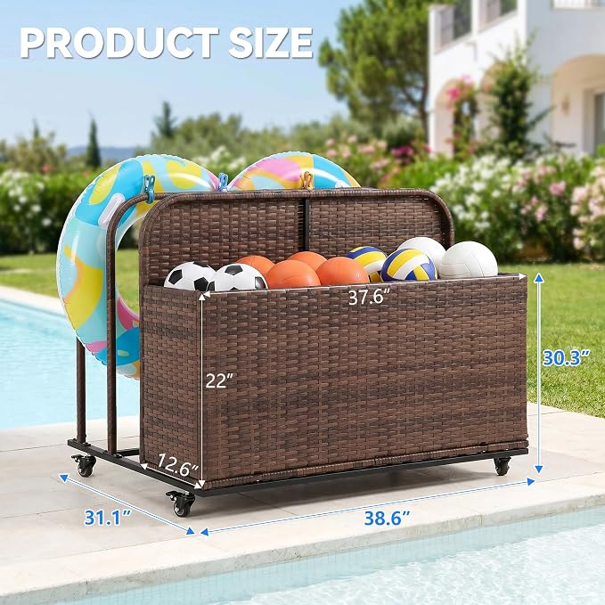 Rattan Outdoor Pool Float Storage Basket, Rolling Toy Caddy with Wheels, Patio Furniture Organizer Wicker Box Pool Storage Bin for Floaties, Noodles, Life Vests, Beach Balls