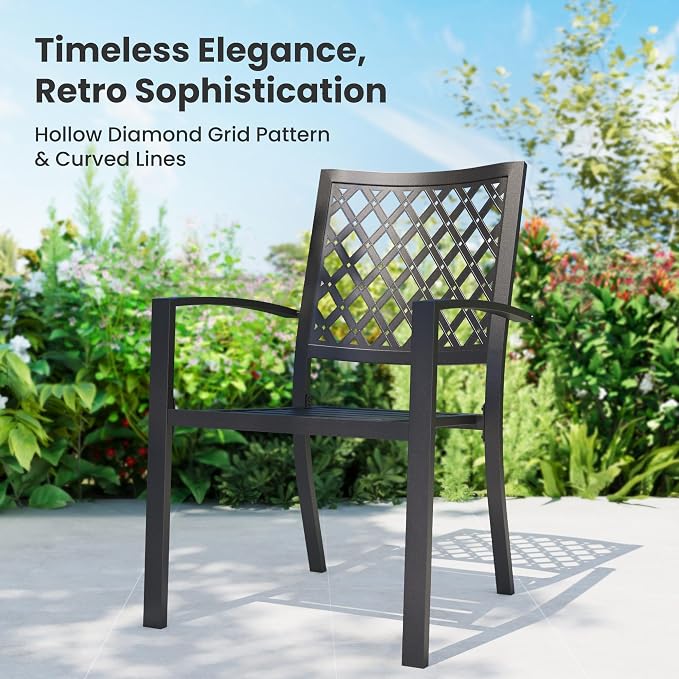 PHI VILLA, 5 Pcs Patio Dining Set, 34.2" Square Wrought Iron Table | 34.2" Metal Square Table &Stackable Wrought Iron Chairs, All Weather Outdoor Dining Set for Patio,Deck,Backyard,Porch