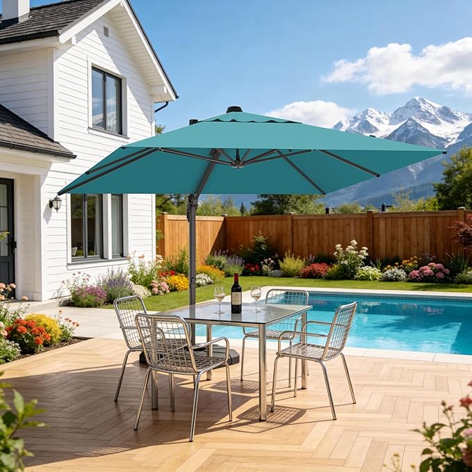 10' X 10' Patio Umbrella Cantilever Outdoor Rectangle Umbrella, Heavy Duty 360°Rotation Offset Umbrella for Garden Deck Pool Patio, Turquoise