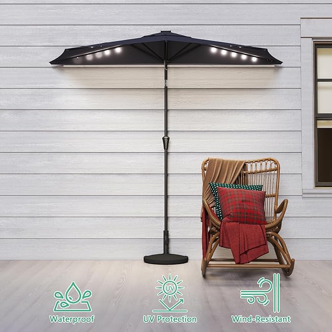 Helios&Hestia 9 ft Small Half Round Solar Powered Wall Outdoor Market Patio Umbrella with LED Lights and Tilt for Garden, Deck, Balcony