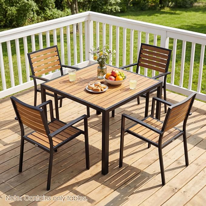 Tangkula 36" Square Patio Dining Table for 4, Acacia Wood Outdoor Table with Slatted Top, 1.97" Umbrella Hole and Heavy Duty Metal Frame, Outside Table for Porch, Garden, Backyard, Deck and Poolside