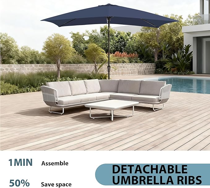 6.5x10FT Rectangular Patio Umbrella with Push Button Tilt & Crank Lift for Garden,UV Protection Outdoor Umbrella for Deck,Pool and Yard,Navy