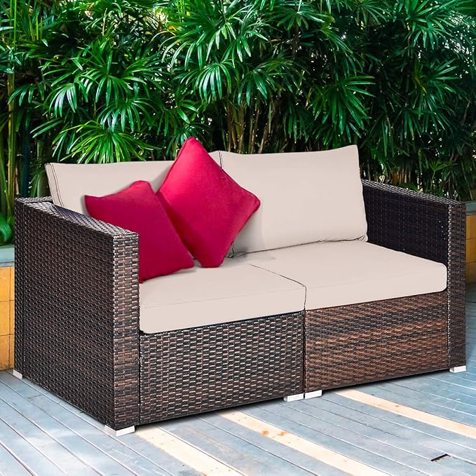 COSTWAY 2PCS Patio Rattan Corner Sofa Sectional Furniture Conversation Set