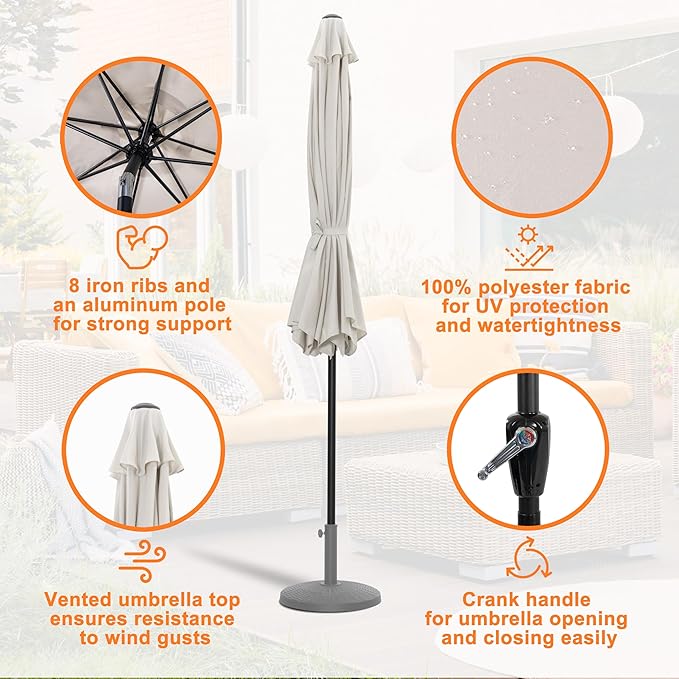 NUU GARDEN 10 ft Outdoor Aluminum Patio Umbrella, Outdoor Table Umbrella with 8 Sturdy Ribs Patio Umbrella with Push Button Tilt and Crank
