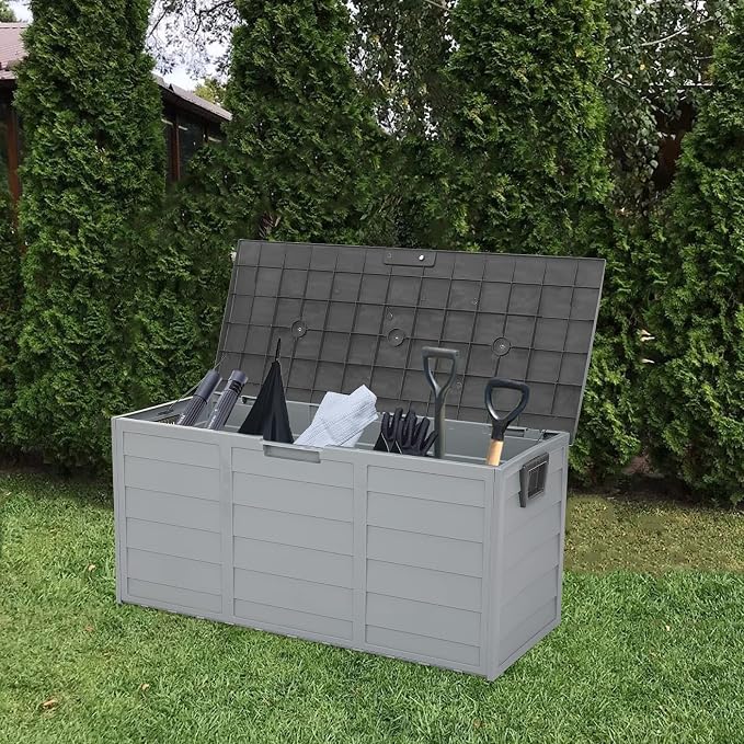 75 Gallon Outdoor Storage Box with Wheels, Waterproof Resin Deck Box for Patio Cushions Garden Tools Toys, Rolling Garden Storage Bin, Weather Resistant Trunk, Plastic Lockable Seat Bench