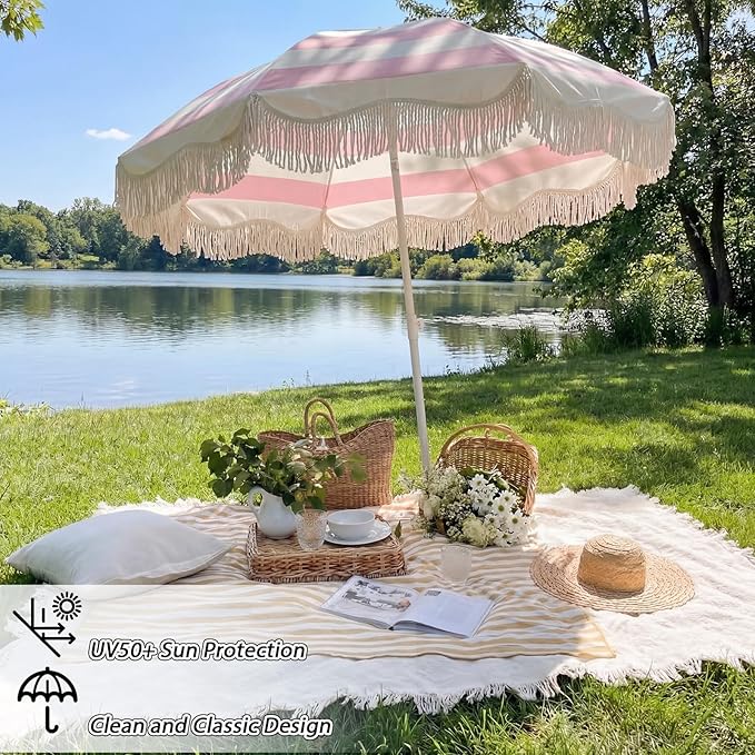 Boho Fringe Beach Umbrella with Extra Large Picnic Blanket Set, 6.5Ft UPF50+ Tassel Ruffles Umbrella 71"x 91" Picnic Blanket for Beach Wedding Bridal Shower Birthday Party Patio Lawn