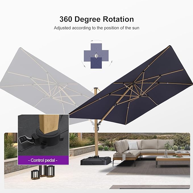 PURPLE LEAF 12FT Patio Umbrella Square Cantilever Umbrella Teak Finished Aluminum Frame Large Windproof Offset Outdoor Sun Umbrellas for Beach Pool Deck, Navy Blue