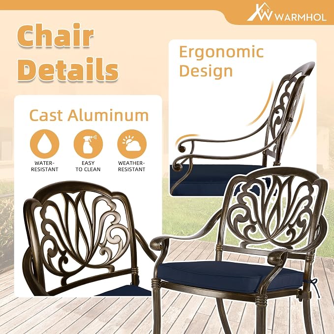 9-Piece Patio Furniture Dining Set, All Weather Cast Aluminum Outdoor Conversation Set- 61" Round Patio Dining Table with Detachable Lazy Susan & 8 Cushioned Chairs, Umbrella Hole, Navy Blue
