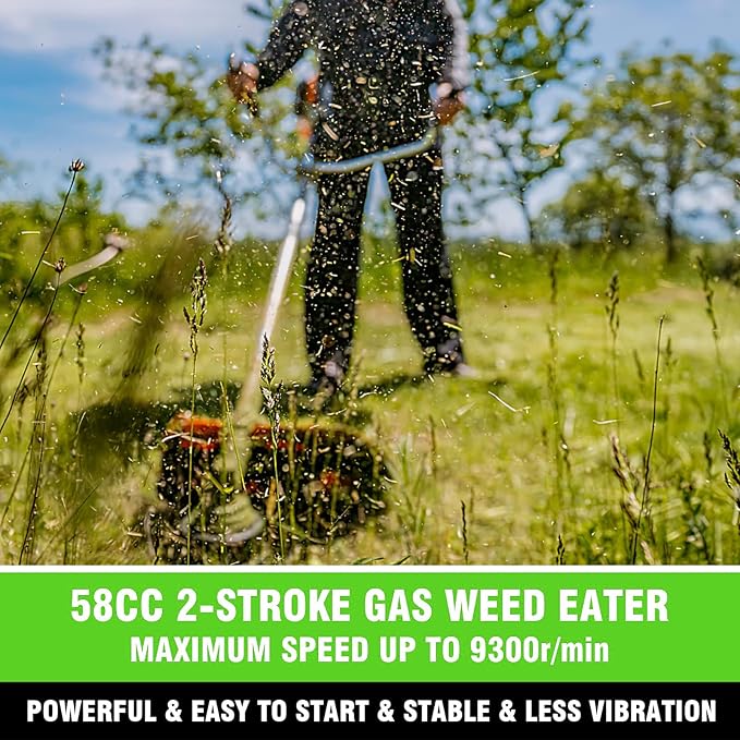 COOCHEER 58cc Gas Weed Eater, 4 in 1 String Trimmer 2-Cycle Gas Powered Weed Wacker Brush Cutter with 18.5’’ Cutting Path, Straight Shaft Weed Trimmer Grass Cutter for Yard, Garden Care, Green