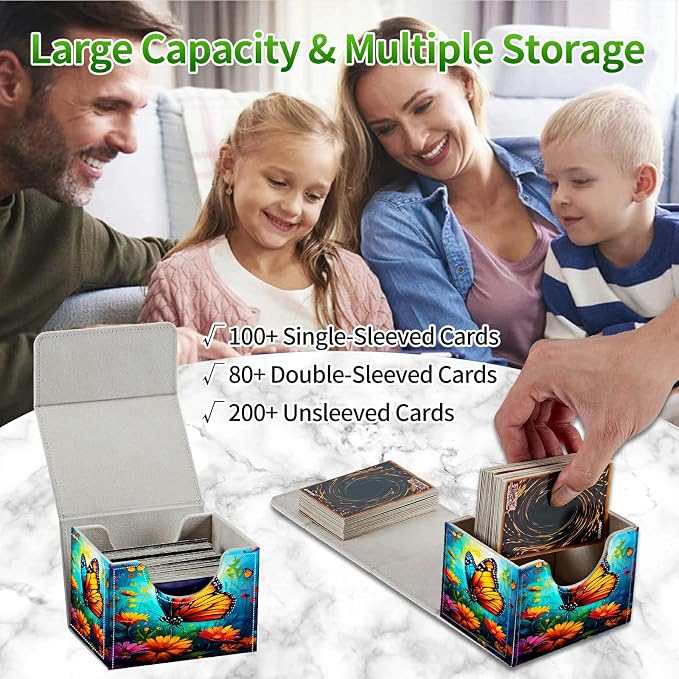 Card Deck Box for MTG, Cards Storage Box Fits 120+ Sleeved, Leather Small Size Strong Magnetic Closing Card Case for Board Games Magic TCG CCG Baseball Collection, Butterfly Blue Sky