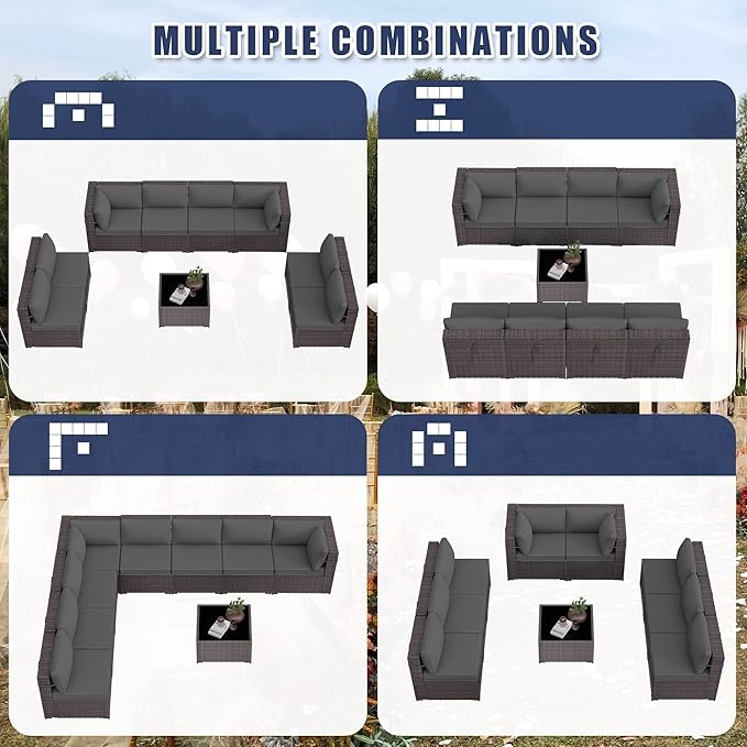 Patio Furniture Set 9pcs Outdoor Furniture for Backyard Sectional Sofa Set, Wicker Rattan Outdoor Conversation Set with 4 Inch Thickened Cushions and Coffee Table, Grey
