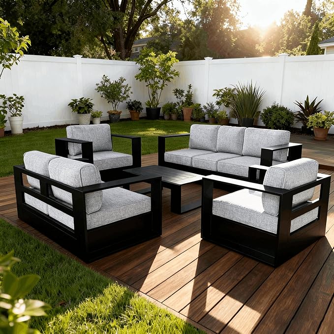 5 Pieces Patio Furniture Set with Coffee Table, Metal Modern Conversation Set with Deep Seating and Widened Aluminum Frame for Deck, Porch, Garden