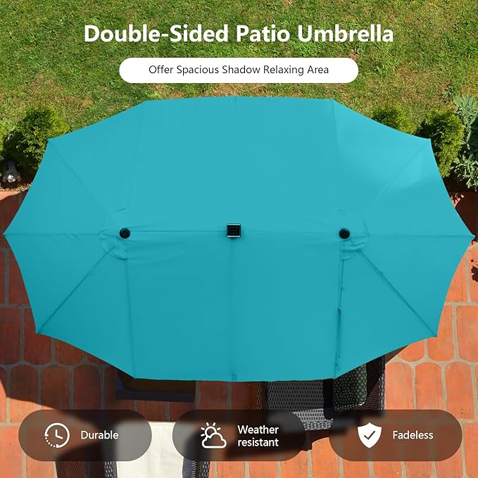 Tangkula 15 Ft Solar Patio Umbrella, Double-Sided Extra Large Outdoor Market Table Umbrella with 48 LED Lights, Crank Handle, 12 Sturdy Ribs for Poolside, Garden & Backyard (Turquoise)