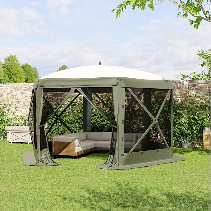 GarveeLife 11.5x11.5FT 6-Sided Pop Up Gazebo Tent，One-Push Setup Canopy Tent with Mesh Panels & Removable Wind Cloths, Outdoor shelter for Camping, Backyard Parties, Outdoor Events - Army Green