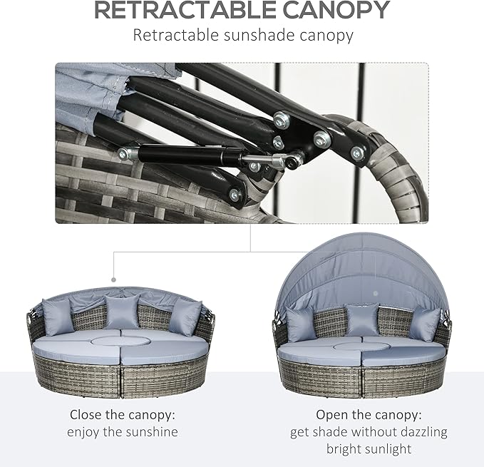 Outsunny 4 Piece Round Rattan Daybed, Convertible Patio Furniture Set, Adjustable Sun Canopy, Sectional Outdoor Sofa, 2 Chairs, Extending Tea Table Ottoman Chair, 3 Pillows, Light Gray