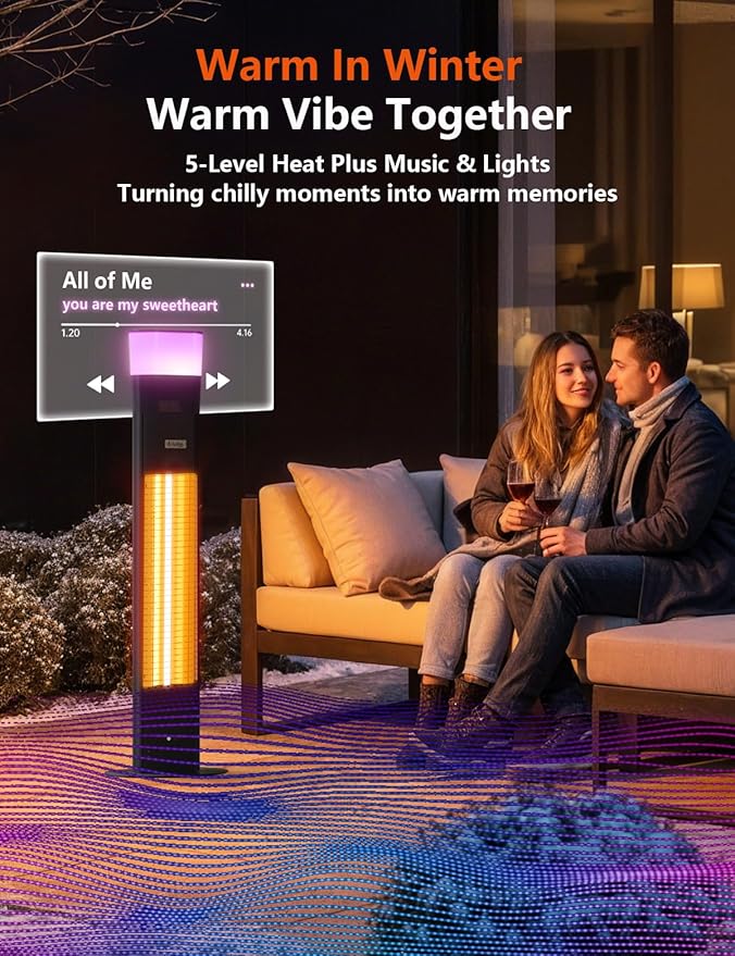Outdoor Electric Patio Heater, 3-in-1 Heater with Audio Speaker & RGB Light, 1500W Infrared Tower Standing, 43-inch, IP65 Water & Snow Proof for Patio, Deck, Garage & Sunroom, Aluminum Unibody Design