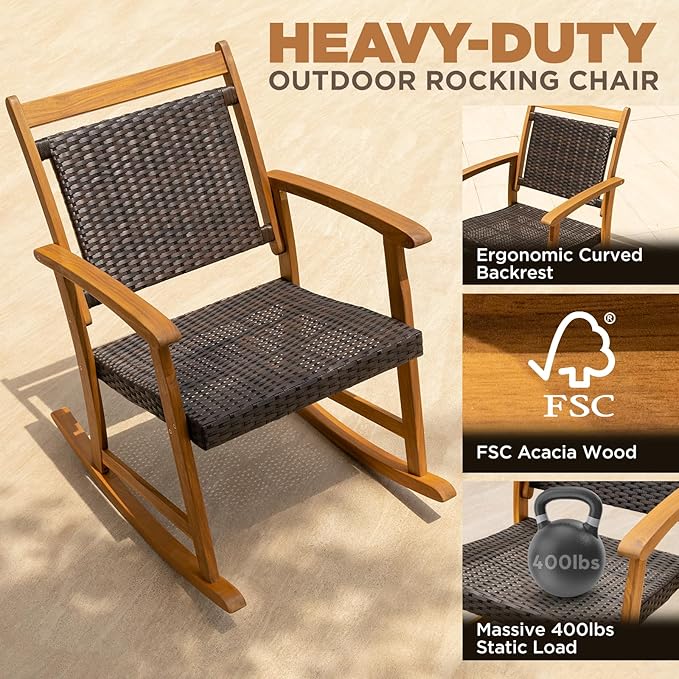 Solid Wood Wicker Rocking Chairs Set of 2 with End Table