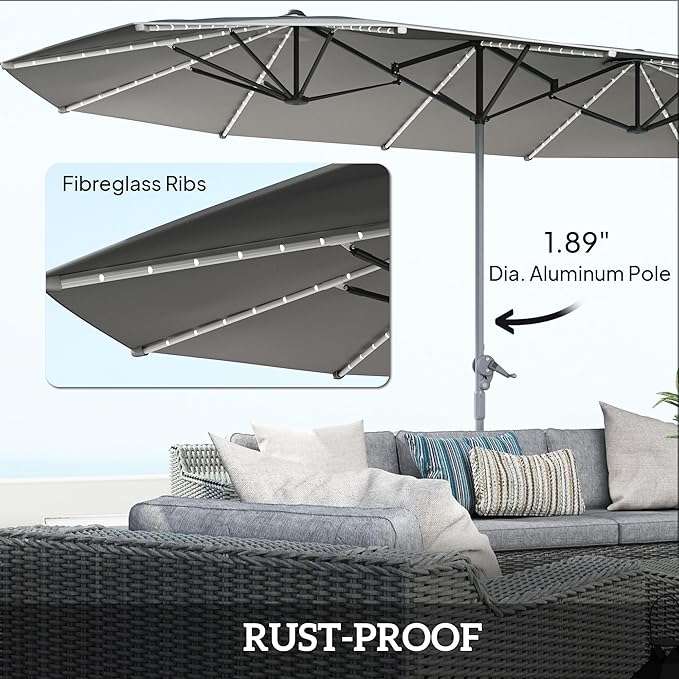 Outsunny 15ft Extra Large Patio Umbrella with Bright Solar Lights, Aluminum UPF50+ Double-Sided Outdoor Table Market Umbrella with Fiberglass Ribs Crank Air Vents for Backyard Deck Pool