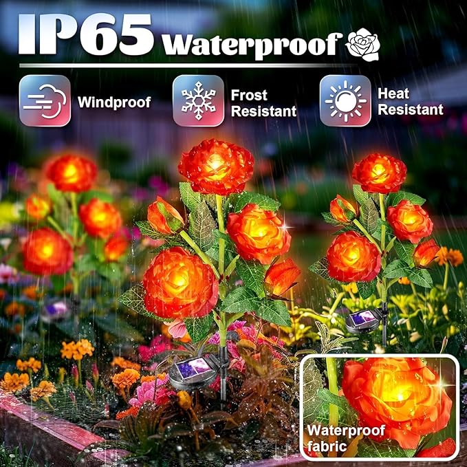 Anordsem Solar Garden Lights Outdoor: 20 Artificial Fabric Red Roses Flowers 4 Pack- LED Flower Decorations for Cemetery Grave Pathway Yard- Mothers Day Gifts for Women, Wife and Mother