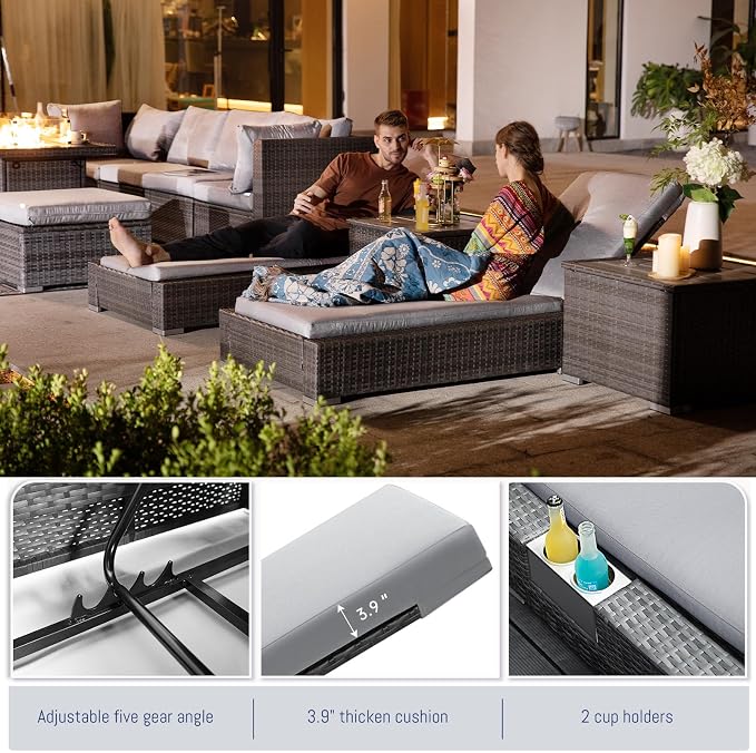 BULEXYARD 11 Piece Large High Back Outdoor Patio Furniture Sets with Firepit and Loungers, Cozy Extra Deep Wide Seating Sectional Conversation Couch Backyard Sitting Sets, Grey Wicker & Gray Cushion
