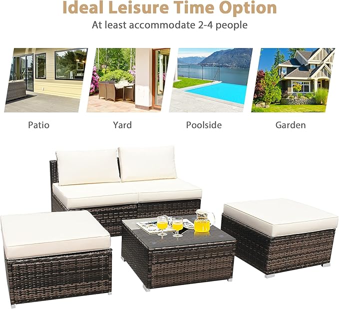 Tangkula 5 Piece Wicker Lounge Chair Set, with Tempered Glass Coffee Table, Outdoor Conversation Sets w/Washable Zippered Cushions, Includes 2 Armless Sofas, 2 Ottomans and 1 Side Table