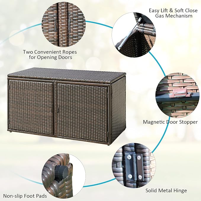 DORTALA 88 Gallon Deck Box Organizer, Wicker Large Indoor Outdoor Storage Container Cabinet for Patio Furniture Cushions Garden Tools, Brown