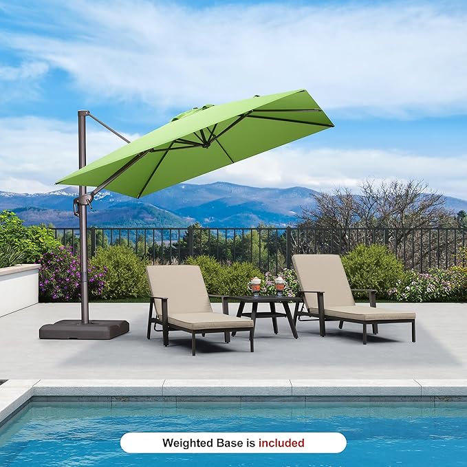 PURPLE LEAF 9' X 9' Patio Umbrella With Base Antique Bronze Square Cantilever Umbrella Outdoor with 360° Rotation and Aluminum Offset Hanging for Pool Deck Garden Backyard, Green