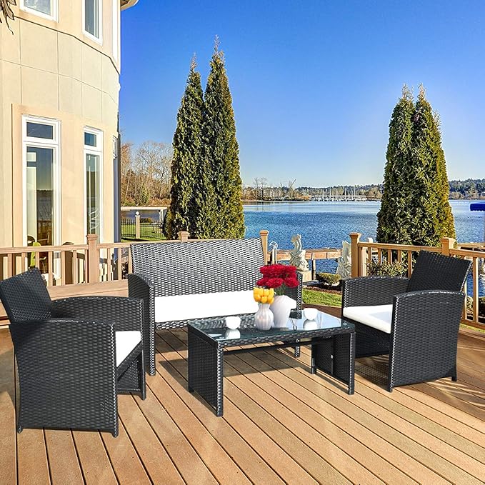 COSTWAY 4 Pieces Patio Rattan Furniture Set, Outdoor Wicker Conversation Set with Soft Cushions & Tempered Glass Coffee Table, Cushioned Chair Sofa for Backyard, Porch, Poolside, Lawn, Garden, White