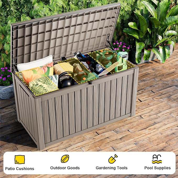 230 Gallon Outdoor Deck Box, Resin Waterproof Storage Box With Lockable Lid, UV-Resistant Multi-Purpose Outdoor Storage Bench for Patio Cushions, Garden Tools, Pool Accessories (Grey)