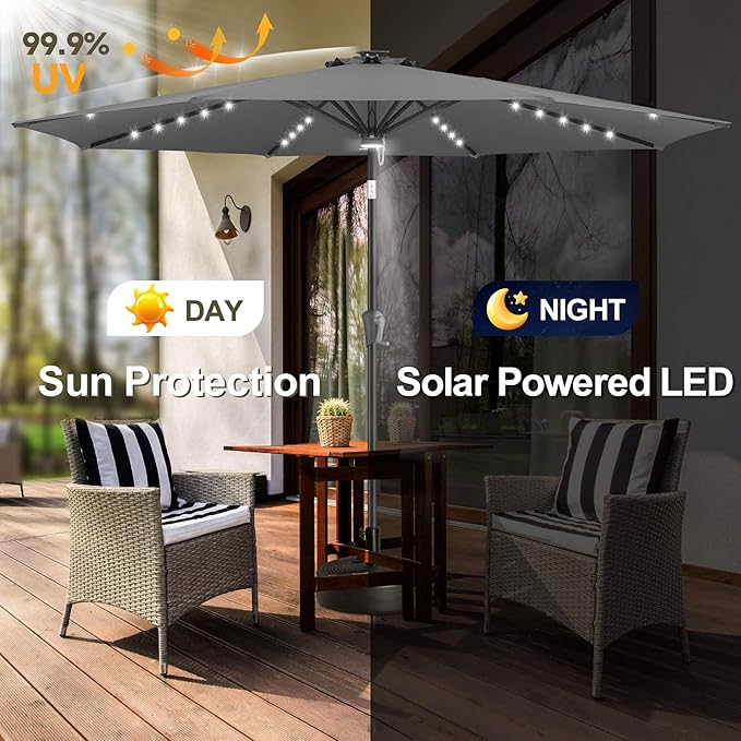 FLAME&SHADE 9 FT outdoor umbrella with 40LED lights, solar light patio umbrella with Centre Surround Light, Table Market Umbrella Outdoor Patiofor Deck, Pool, Backyard, Garden (Anthracite)