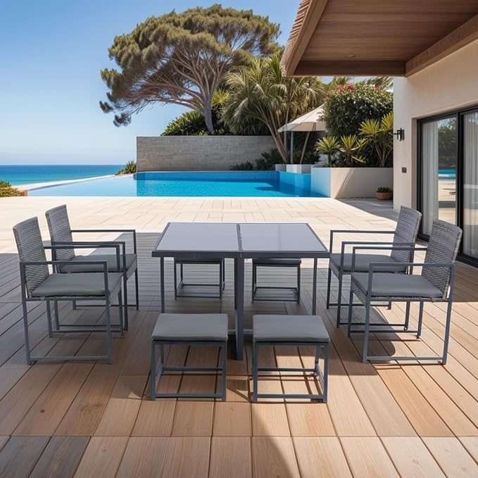 LUMISOL 9 Piece Outdoor Patio Dining Set with Glass Top Table,Patio Furniture Sets with Cushion,All Weather Sectional Conversation Set,Space Saving Patio Set for 8,Backyard,Beach