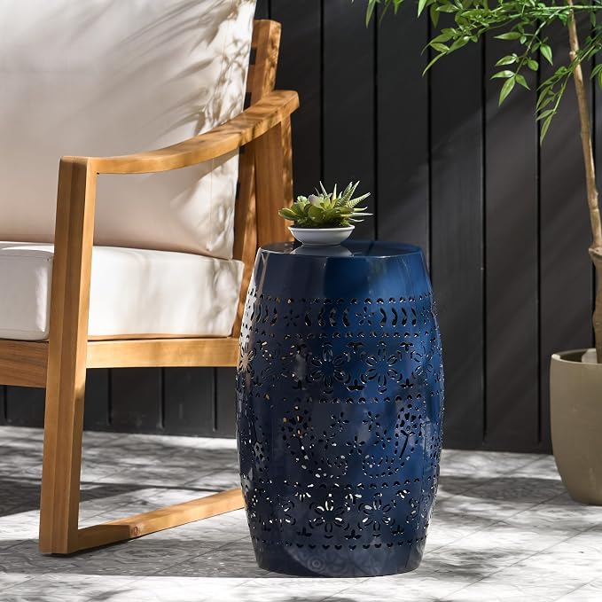 12" Outdoor Side Table, Metal Cutout Drum Side Table, Patio Garden Stool | Coffee End Tables for Small Spaces, Living Room, Backyard, Poolside
