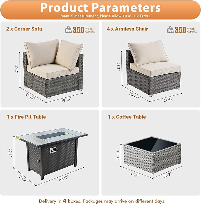 8 PCS Outdoor Patio Furniture Sets with 42'' Fire Pit Table,Wicker Weather Resistant Patio Conversation Set with Comfy Cushions,Modular L Shaped Sofa with Coffee Table for Yard,Beige