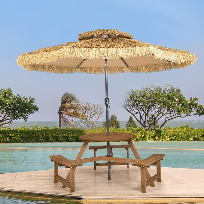Tangkula 6 Person Wooden Picnic Table, Outdoor Round Picnic Table with 3 Built-in Benches, 1.5 Inch Umbrella Hole, Outside Wood Table and Bench Set for Garden, Backyard, Porch (Dark Brown)
