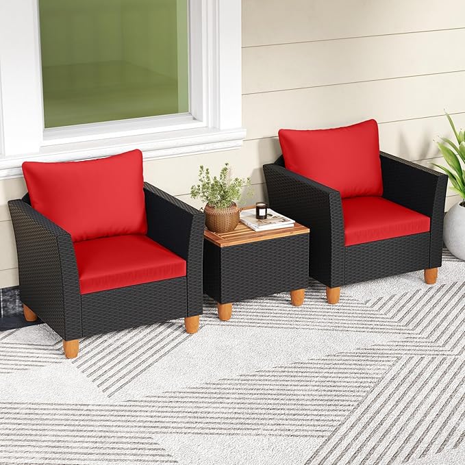 HAPPYGRILL 3 Pieces Patio Conversation Set with Storage Coffee Table, PE Rattan Wicker Furniture Set with Cushions, Outdoor Acacia Wood Sofa Furniture Set for Balcony Backyard Porch Garden