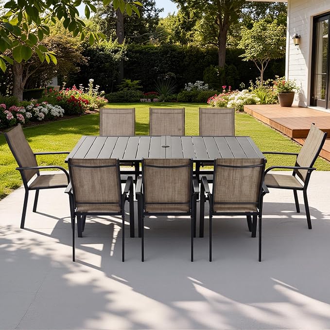 63"x38" Outdoor Dining Table for 6 Person, Metal Rectangle Patio Dining Table with Adjustable Umbrella Hole for Garden, Partitioned Storage Shelf, Backyard and Porch, Black