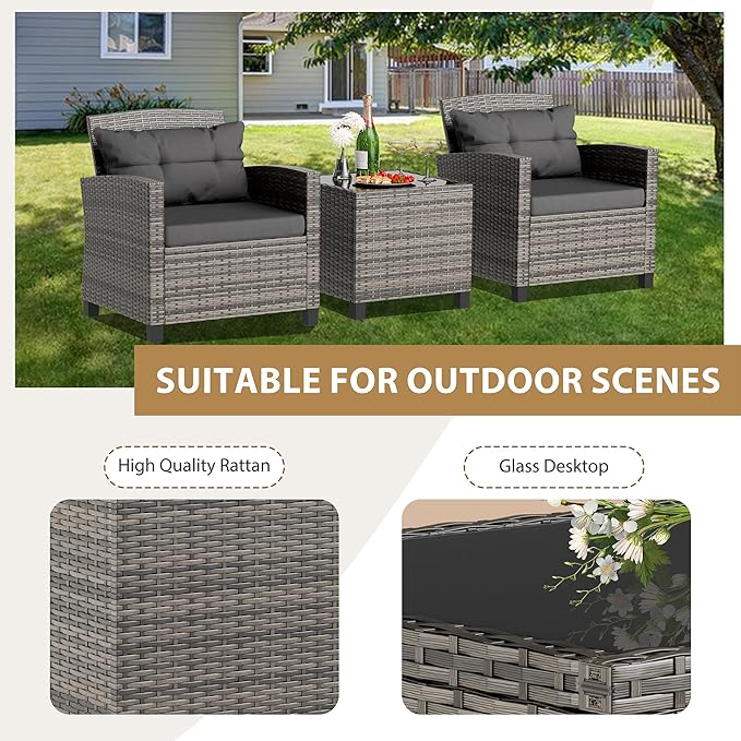 JAMFLY 3 Piece Wicker Patio Furniture Set - Space Saving Outdoor Rattan Conversation Set with Soft Cushions & Glass Coffee Table for Balcony, Porch, Small Backyard - All Weather Grey Bistro Set