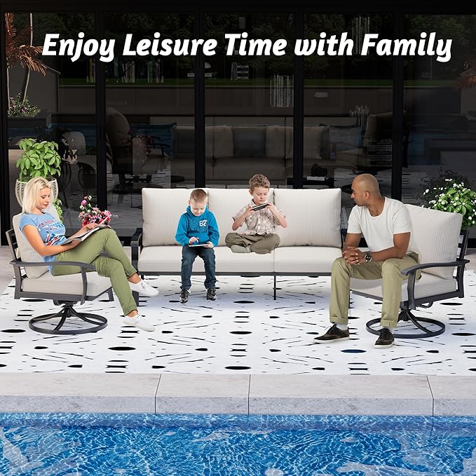 HOMREST Patio Furniture Sets 4 PCS Outdoor Metal Conversation Sets, 360 Degree Swivel Rocking Chairs Patio Conversation Set with Coffee Table and 3-Seat Sofa for Garden, Deck and Poolside